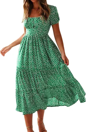 Women Summer Boho Dress Casual Beachwear Sundresses Flowy Floral Print Square Neck Ruffle Swing Long Maxi Dress