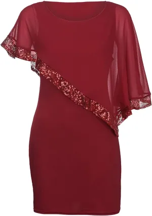 Women's Cocktail Dresses Wedding Guest Elegant Trendy Round Neck Sequin Lace Solid Color Chiffon Plus Size 2025, S-5XL