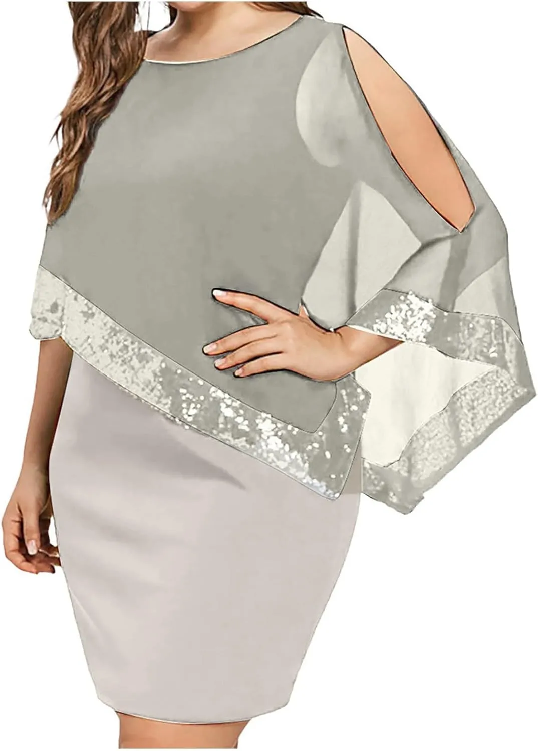 Women's Cocktail Dresses Wedding Guest Elegant Trendy Round Neck Sequin Lace Solid Color Chiffon Plus Size 2025, S-5XL