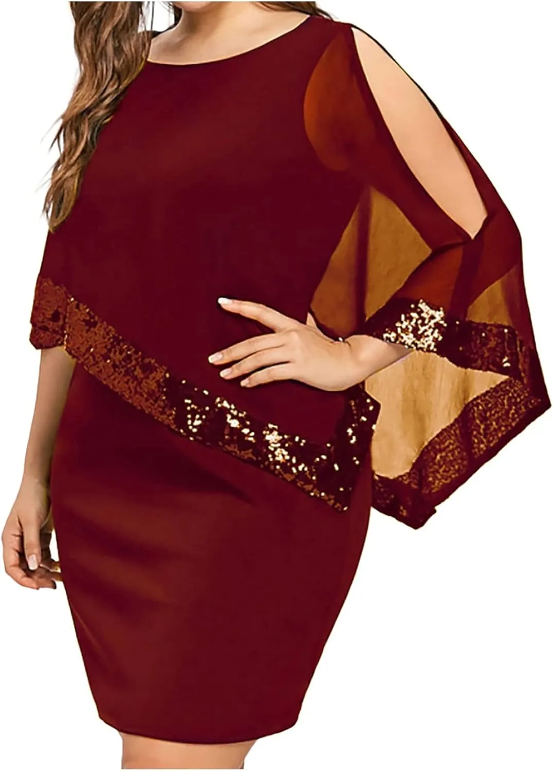 Women's Cocktail Dresses Wedding Guest Elegant Trendy Round Neck Sequin Lace Solid Color Chiffon Plus Size 2025, S-5XL
