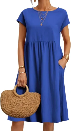 Womens Cotton Linen Dresses Crewneck Short Sleeve Midi Dress Summer A Line Flowy Beach Dresses with Pockets 2025